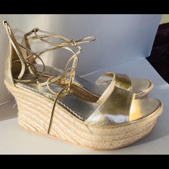 Elle Shiny gold leather sandals tie-up espadrille wedges with high platform US10 - Picture 8 of 12